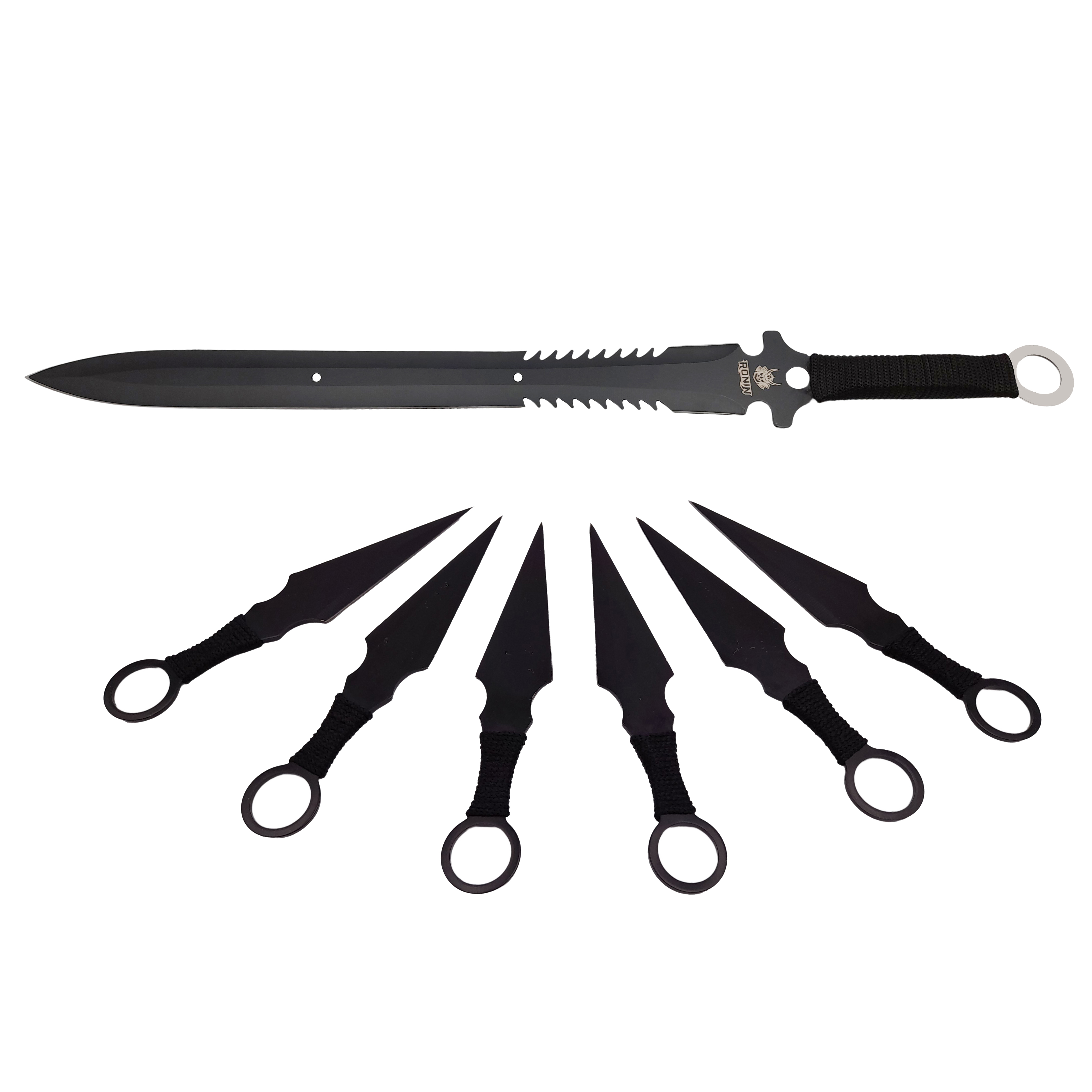 Set sabie de vanatoare IdeallStore® Last Ronin si sase cutite de aruncat, otel inoxidabil, negru - 3 | YEO