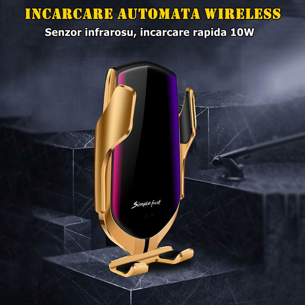 Suport auto cu incarcare rapida wireless IdeallStore®, VrumVrum Friend, plastic, universal, senzor infrarosu, 13 cm, auriu - 3 | YEO