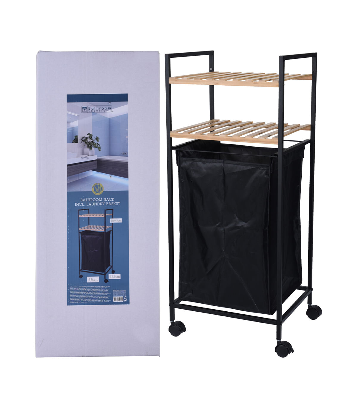 Raft pentru baie, mobil, 2 polite si cos de rufe inclus, 86.5 x 36 x 5.2 cm, negru — imaginea 2