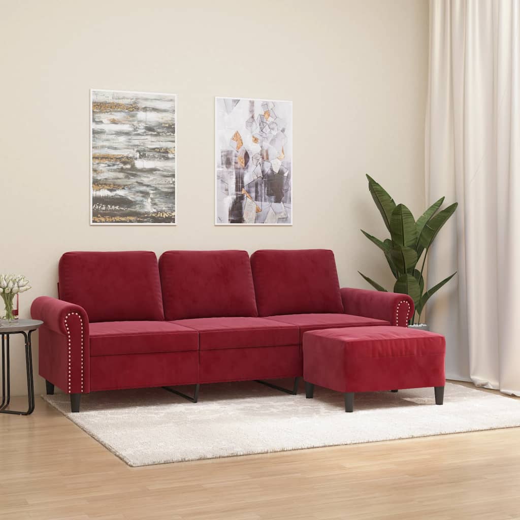Canapea cu 3 locuri si taburet, catifea, rosu vin, 180 cm, model 4