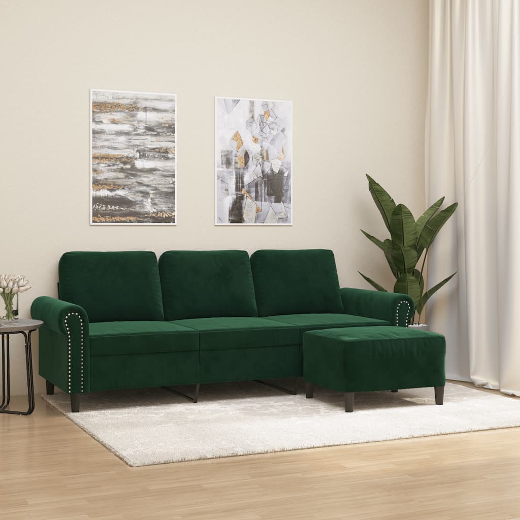 Canapea cu 3 locuri si taburet, catifea, verde inchis, 180 cm, model 4