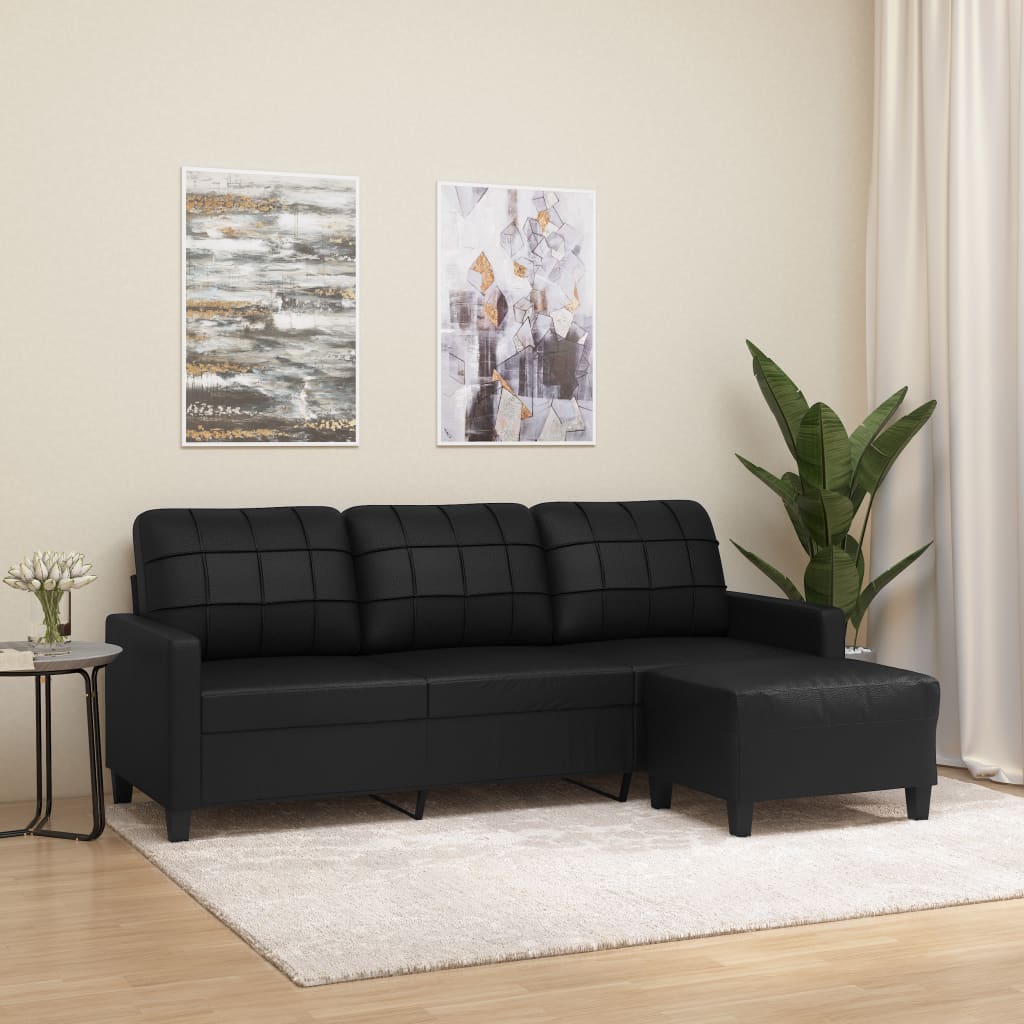 Canapea cu 3 locuri si taburet, piele ecologica, negru, 180 cm, model 1