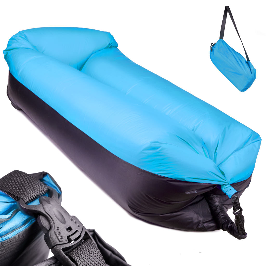 Saltea Autogonflabila "Lazy Bag" tip sezlong, 185 x 70cm, culoare negru-Albastru, pentru camping, plaja sau piscina