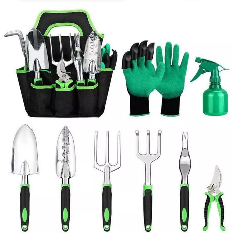 Set 9 unelte de gradina din aluminiu si geanta transport si depozitare