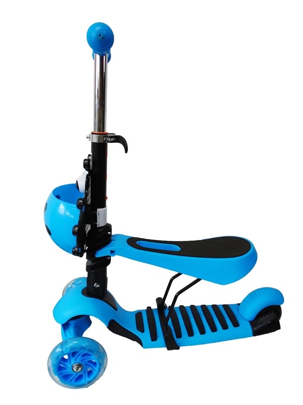 Trotineta „Scooter” 3 in 1 cu roti luminoase si cosulet pe ghidon, albastru - 1 | YEO