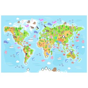 harta interactiva a lumii momki cu animale Tapet autoadeziv Premium, textura canvas, Harta lumii cu animale, pentru copii, 130 x 87 cm
