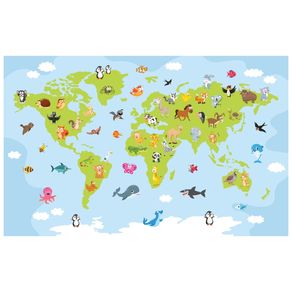 harta interactiva a lumii momki cu animale Tapet autoadeziv Premium, textura canvas, Harta lumii cu animale, 130 x 83 cm