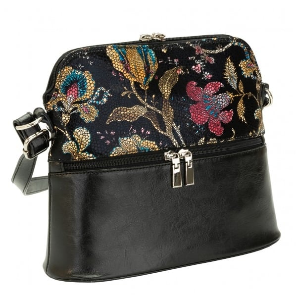 Geanta dama din piele naturala, model 239, de umar si crossbody, negru cu flori, Multicolor