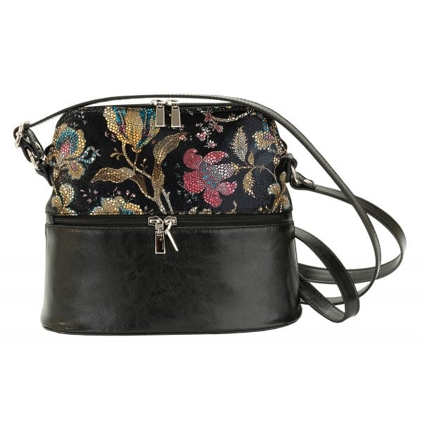 Geanta dama din piele naturala, model 239, de umar si crossbody, negru cu flori, Multicolor - 4 | YEO