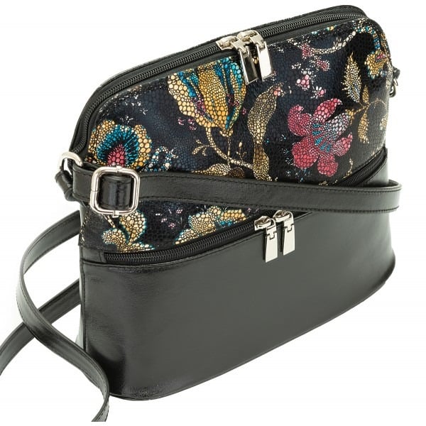 Geanta dama din piele naturala, model 239, de umar si crossbody, negru cu flori, Multicolor - 3 | YEO