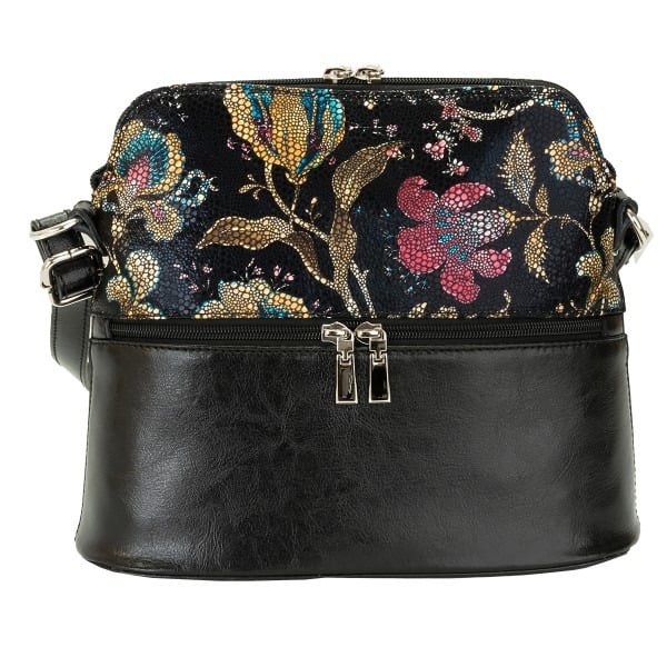 Geanta dama din piele naturala, model 239, de umar si crossbody, negru cu flori, Multicolor - 1 | YEO