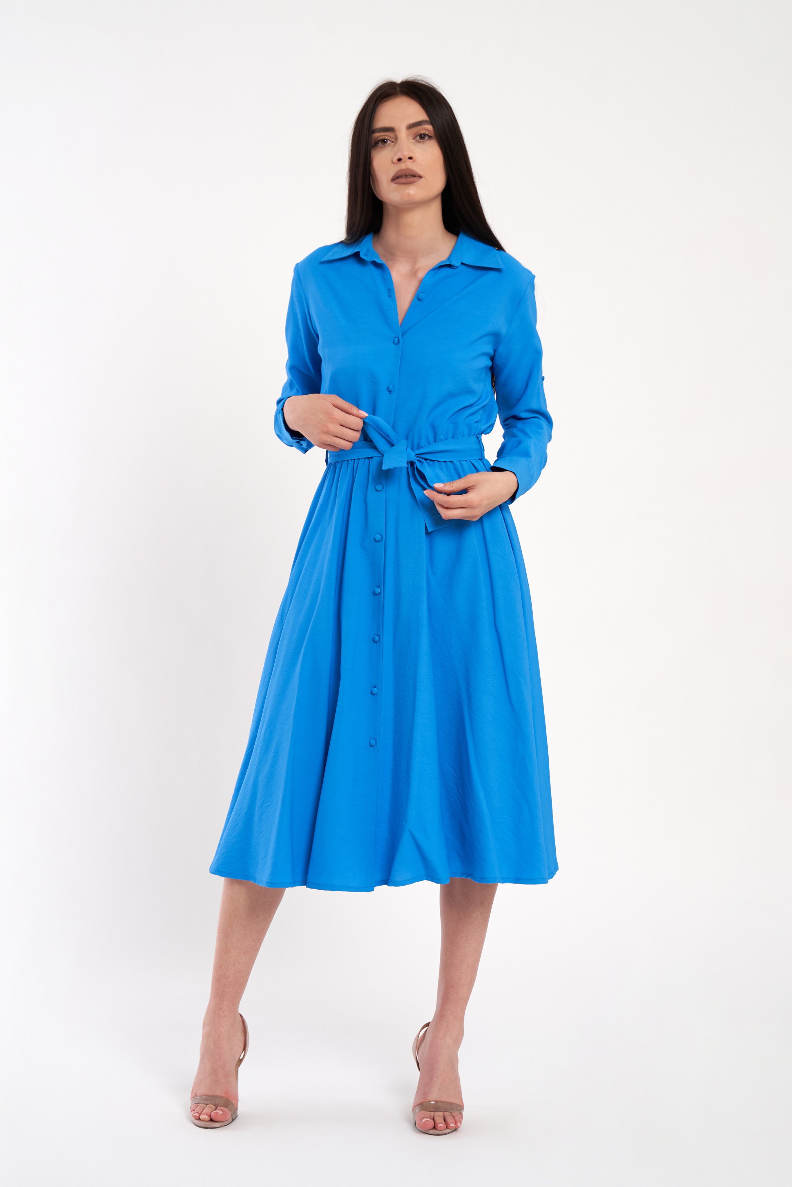 Rochie camasa cu maneci lungi care se pot micsora pana la trei sferturi, albastru