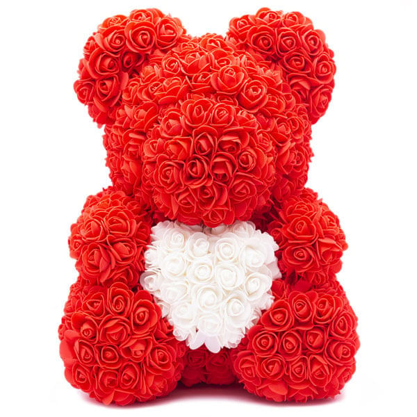 Ursulet Rose Bear din trandafiri rosii cu inimioara alba, decorat manual, inaltime 25 cm, rosu