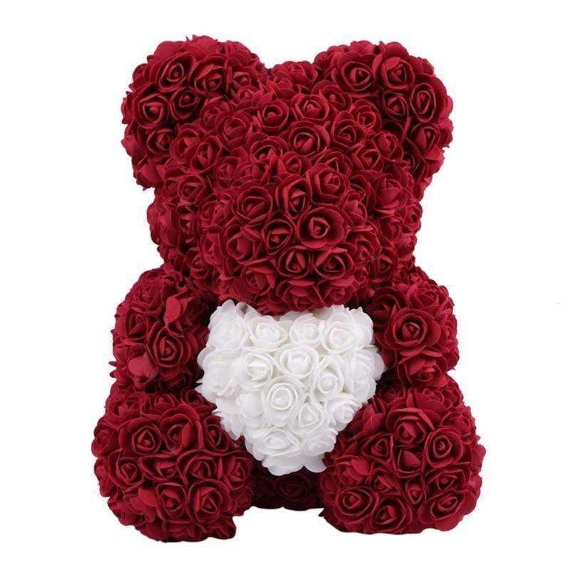 Ursulet Rose Bear din trandafiri rosii cu inimioara alba, decorat manual, inaltime 40 cm, Bordo