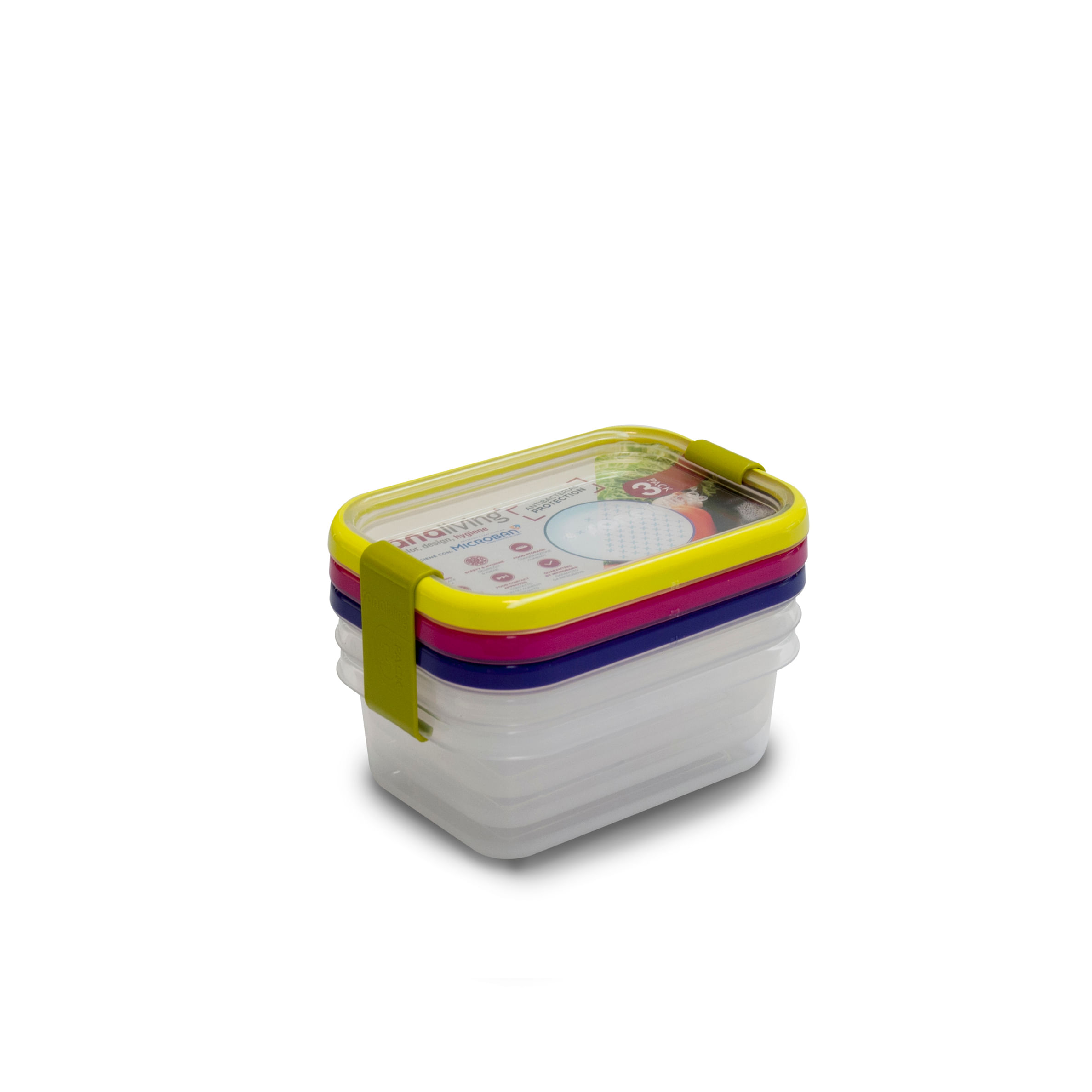 Set 3 cutii de conservare alimente Sanaliving 11,5x8x5 cm. 200 ml capace de culori asortate fucsia, lime, violet