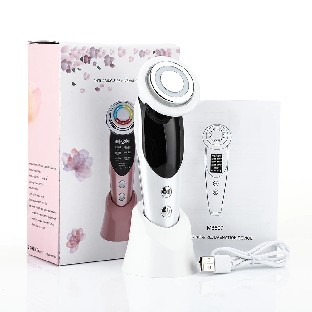 Aparat premium pentru tratament facial si intinerirea pielii 5 in 1, LED, Lifting, Anti Rid, vibratii EMS, Microcurent, Masaj facial, Alb - 1 | YEO