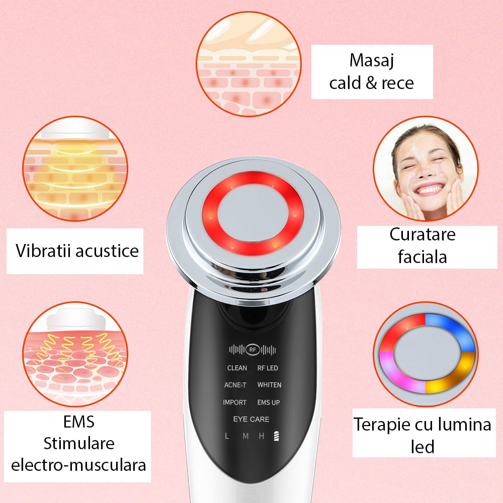 Aparat premium pentru tratament facial si intinerirea pielii 5 in 1, LED, Lifting, Anti Rid, vibratii EMS, Microcurent, Masaj facial, Alb - 3 | YEO