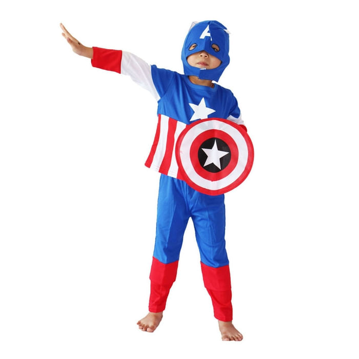 Costum Captain America pentru copii IdeallStore®, First Avenger, poliester, 5-7 ani, albastru, figurina inclusa - 1 | YEO