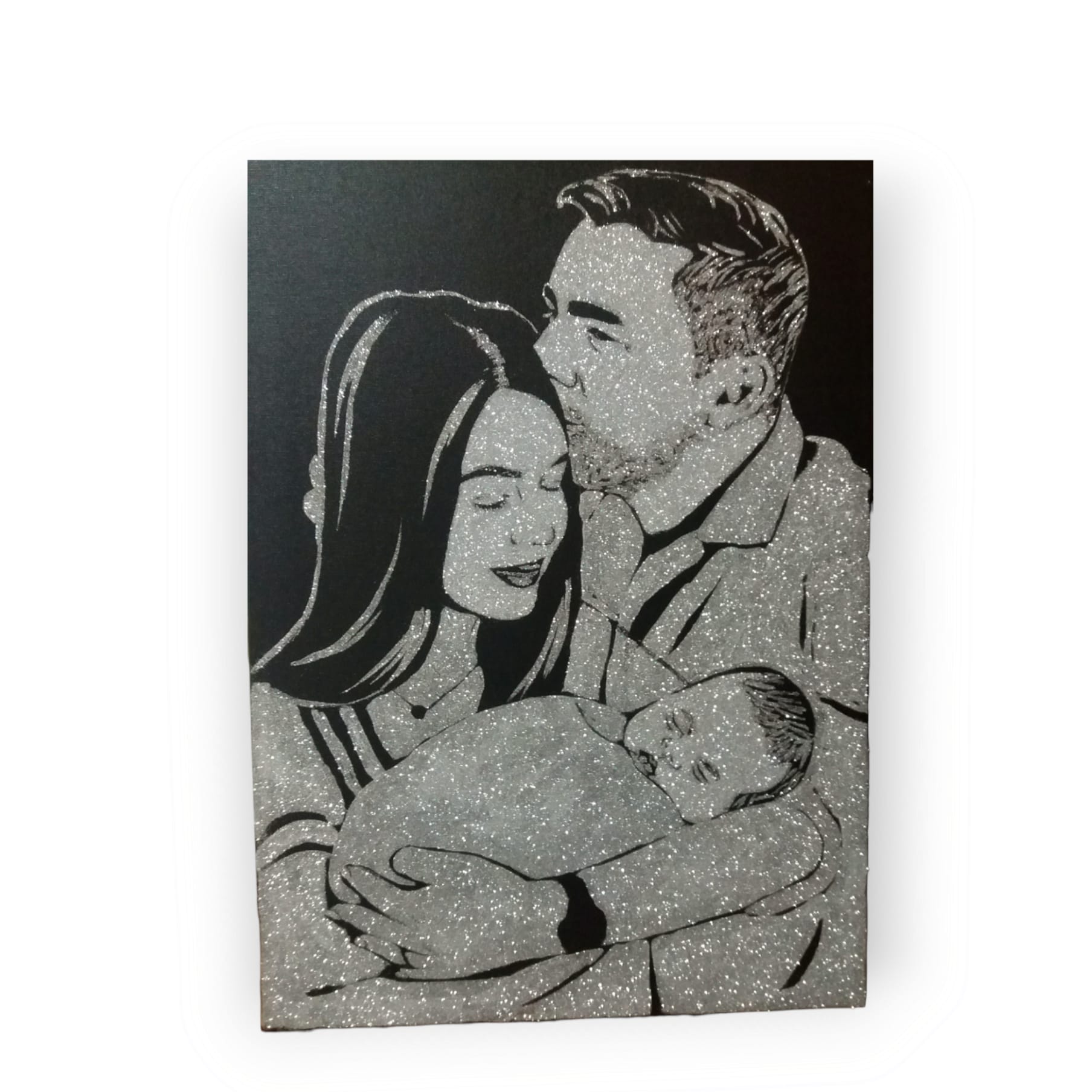 Tablou personalizat cu sclipici cu poza ta, de familie, handmade, 100x80 cm, 3 persoane