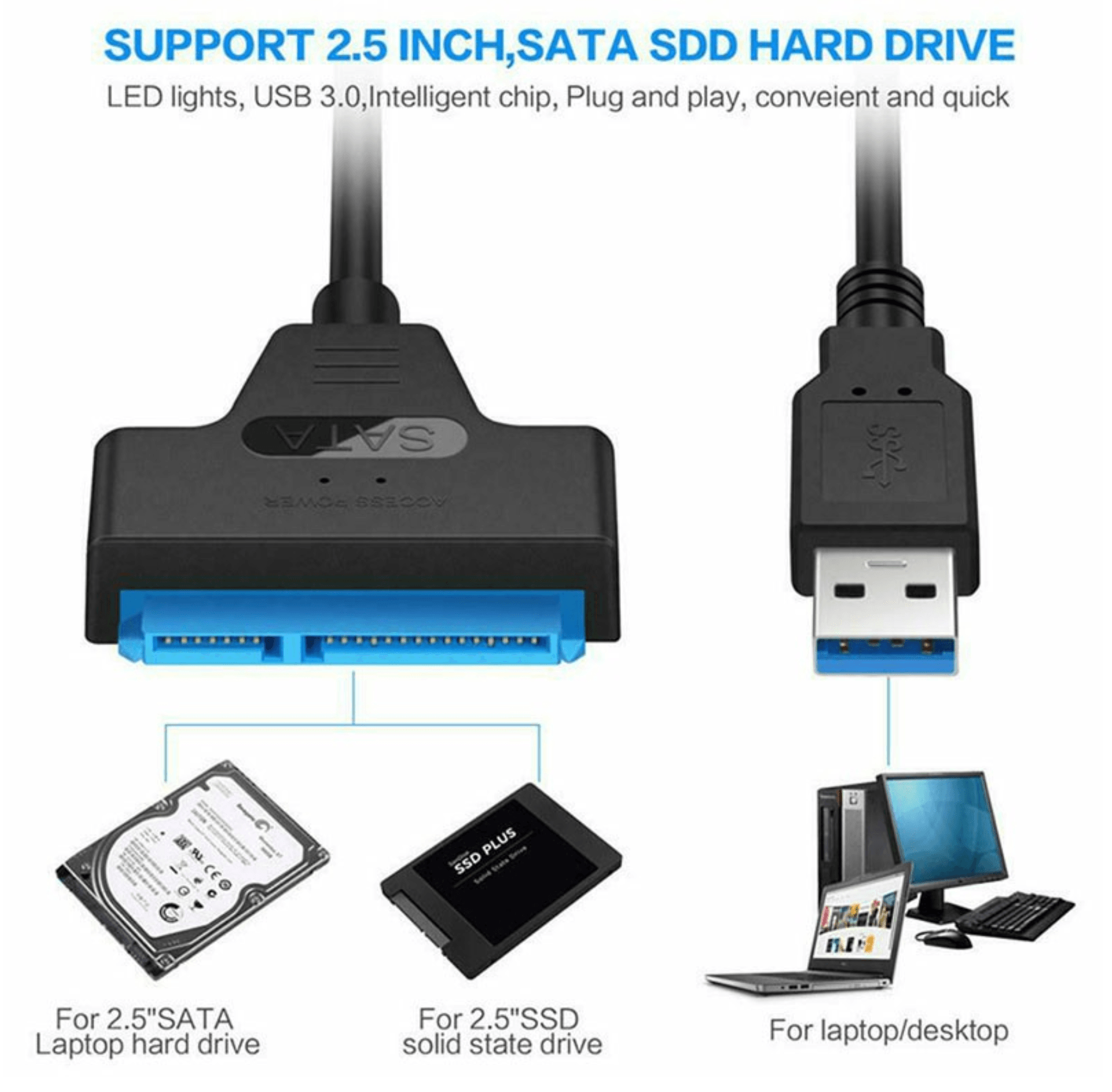 Cablu USB 3.0 la SATA 22 pini, 2.5 inch (45 mm), pentru hard HDD/SSD cu adaptor de conectare, BBL1370
