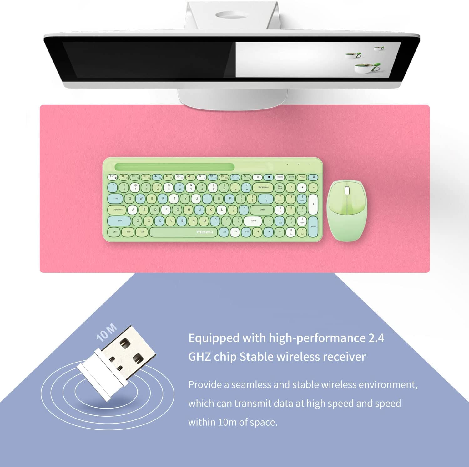 Kit tastatura multimedia si mouse wireless, 2.4 GHz, 1600 DPI, 3 butoane si scroll, 888, Verde, WRB-BBL6817 - 1 | YEO