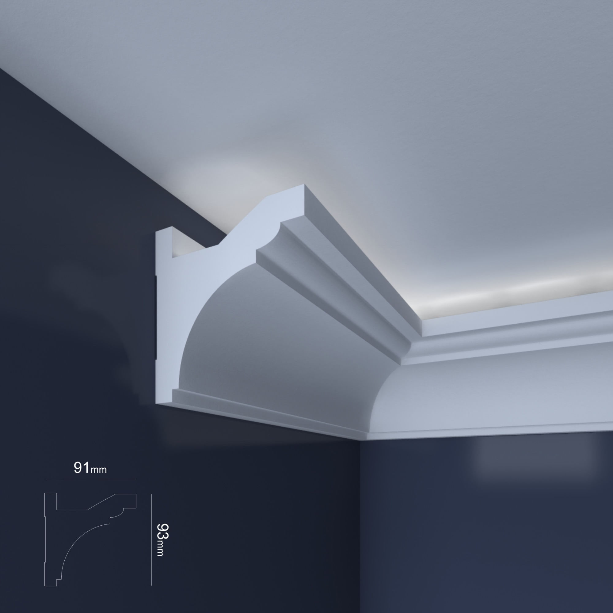 Bagheta decorativa pentru banda led din polistiren extrudat alb 91×93×2000mm, Bl05