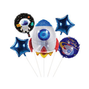 Set de 5 baloane Happy birthday cu personaj Nava spatiala, culori metalice, ghirlanda, Multicolor, JMB-BBL4538