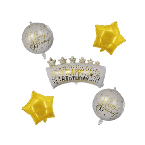 Set 5 baloane Happy Birthday, model cu stele, Alb-Auriu, JMB-BBL6479