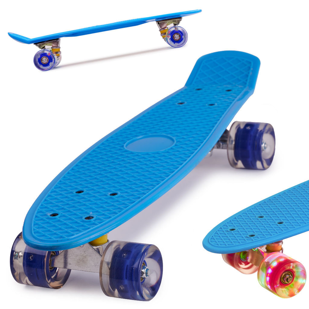 Skateboard Penny Board pentru copii cu roti din cauciuc, iluminate LED, albastra