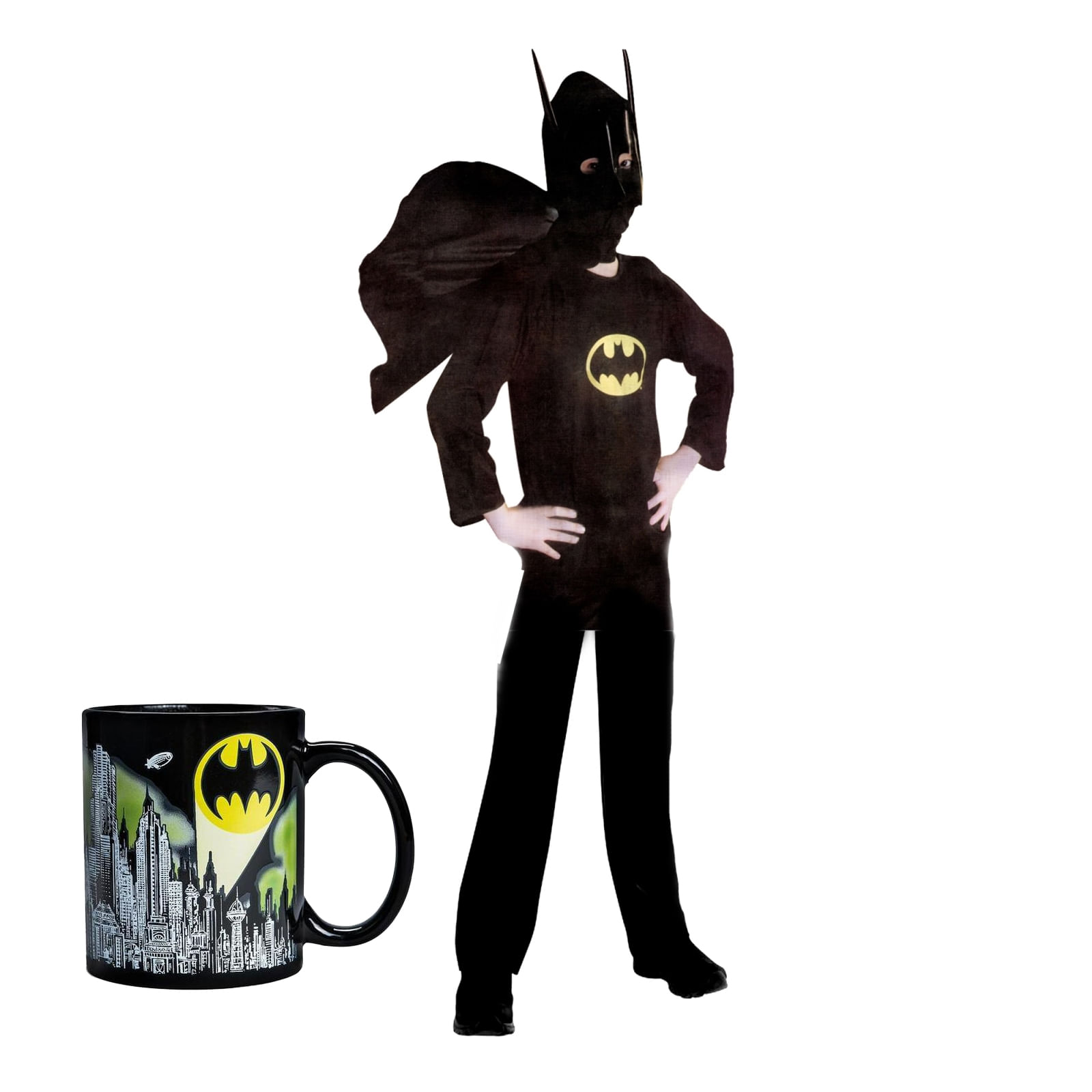 Set costum clasic Batman IdeallStore®, 7-9 ani, 120-130 cm, negru si cana personalizata
