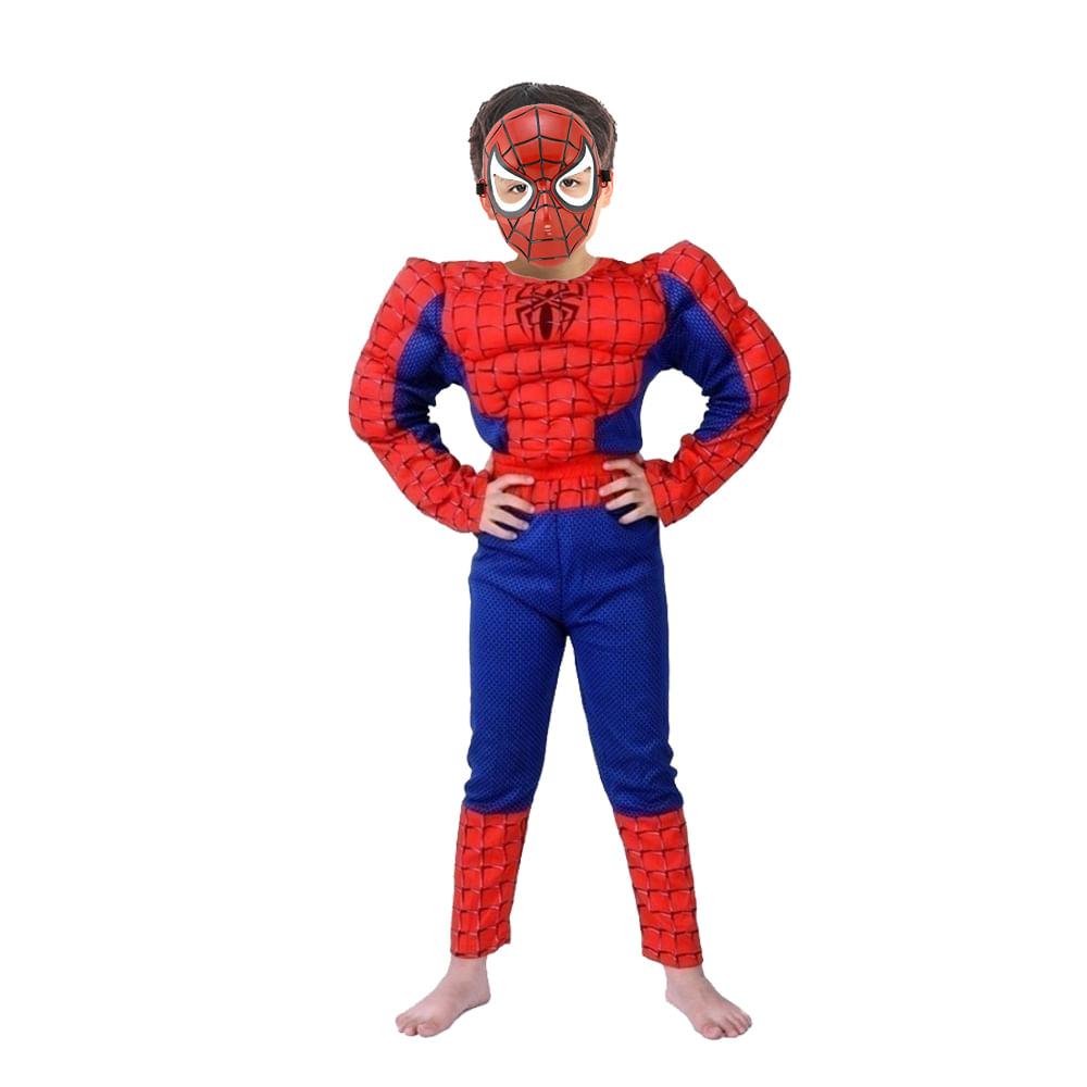 Set costum clasic Spiderman cu muschi IdeallStore®, 7-9 ani, rosu si masca plastic