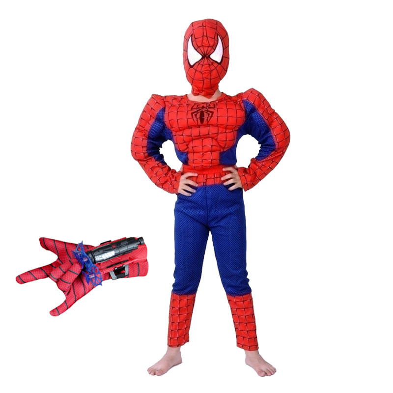 Set costum clasic Spiderman cu muschi IdeallStore®, 5-7 ani, 110-120 cm, rosu si manusa cu ventuze