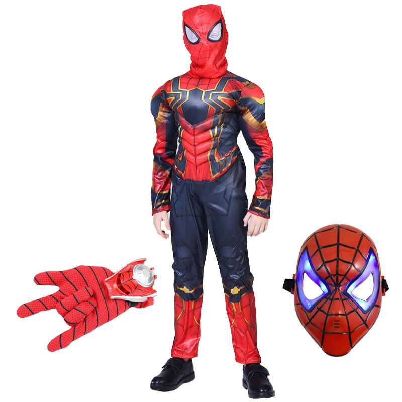 Set costum Iron Spiderman IdeallStore®, New Era, rosu, 5-7 ani, manusa cu discuri si masca LED