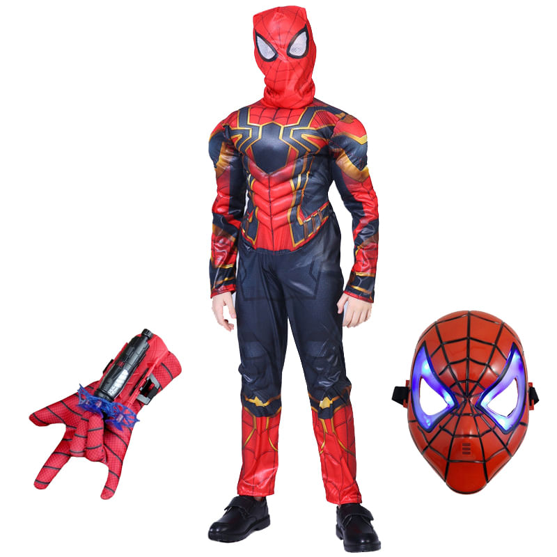 Set costum Iron Spiderman IdeallStore®, New Era, rosu, 3-5 ani, manusa cu ventuze si masca LED