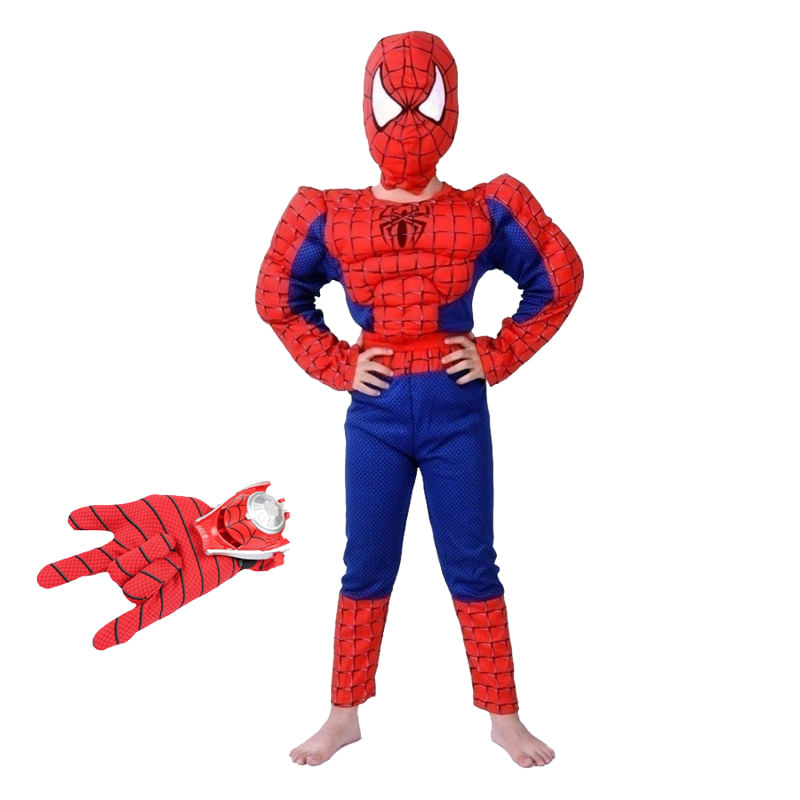 Set costum clasic Spiderman cu muschi IdeallStore®, 7-9 ani, 120-130 cm, rosu si manusa cu discuri