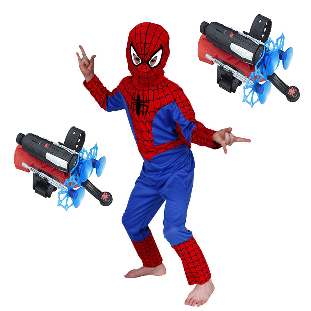 Set costum Spiderman M, 110-120 cm si doua lansatoare cu ventuze