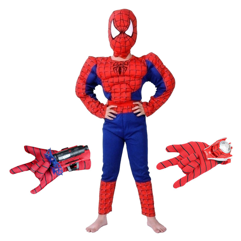 Set costum clasic Spiderman cu muschi IdeallStore®, 3-5 ani, 100-110 cm, rosu, manusa ventuze si discuri