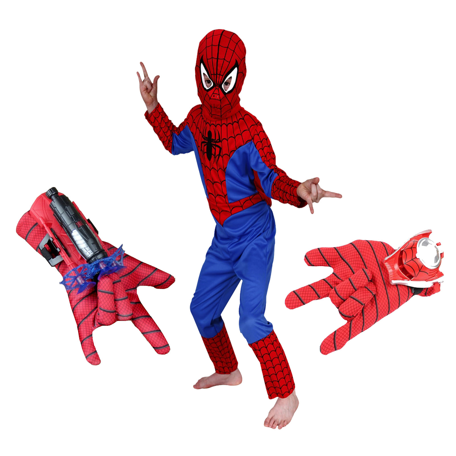 Set costum Spiderman L, 120-130 cm si doua manusi cu ventuze si discuri, rosu