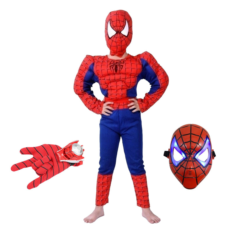 Set costum clasic Spiderman cu muschi IdeallStore®, 7-9 ani, 110-120 cm, rosu, manusa discuri si masca LED