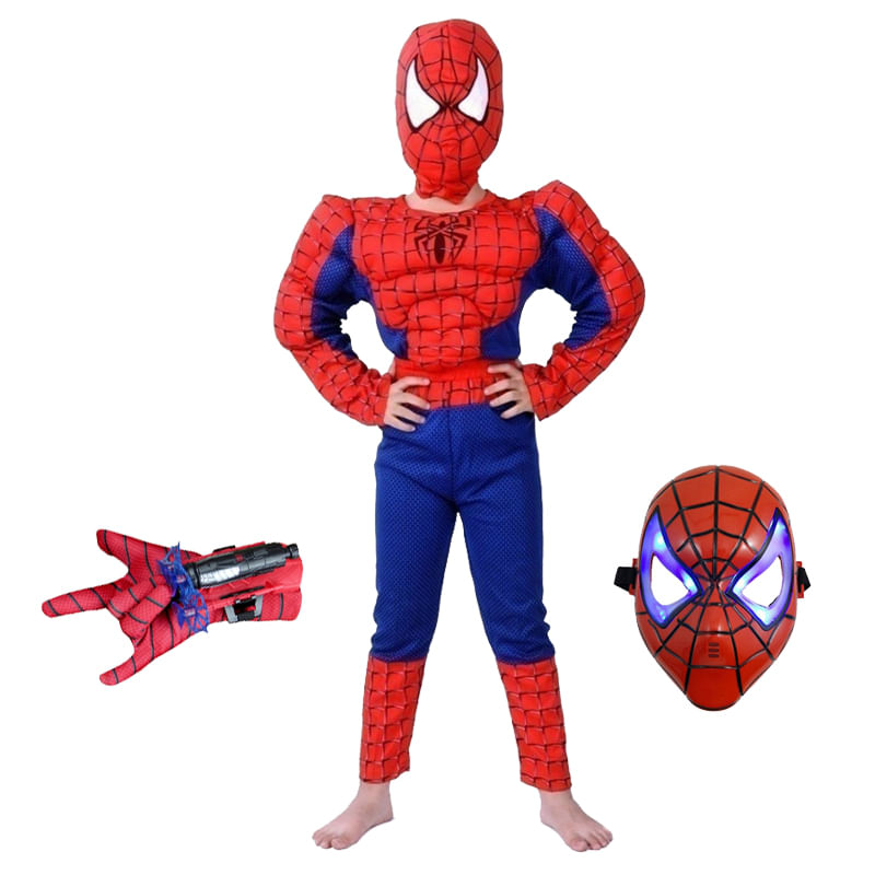 Set costum clasic Spiderman cu muschi IdeallStore®, 5-7 ani, 110-120 cm, rosu, manusa ventuze si masca LED