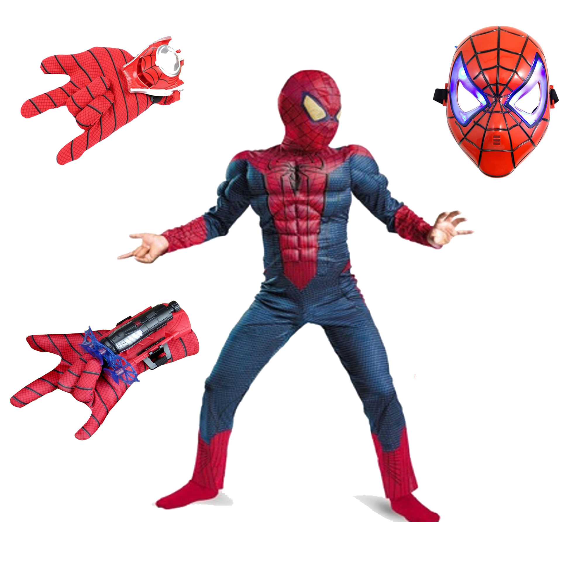 Set costum Spiderman cu muschi, pentru 7-9 ani, 2 lansatoare si masca plastic LED, rosu