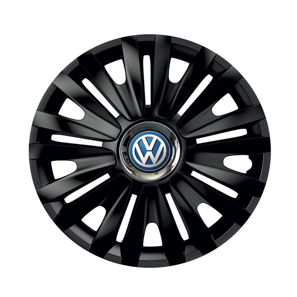 Set 4 capace roti Negre Cu Inel Cromat Royal R15 pentru gama auto Volkswagen