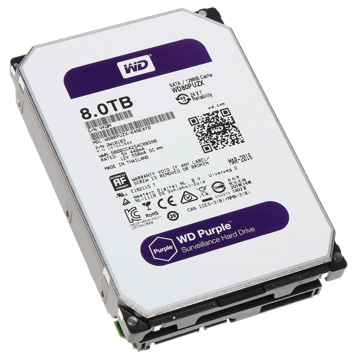 Hard disk, 8Tb, pentru sisteme de supraveghere, 213mb/sec, buffer 6 Gb/sec, W80PURX, Western Digital Purple