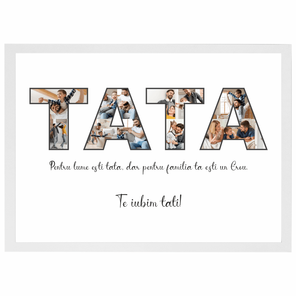 Tablou personalizat pentru TATA cu poze si text, cadou de ziua tatalui, din lemn natural, Priti Global, Alb, A3, 30 x 42 cm