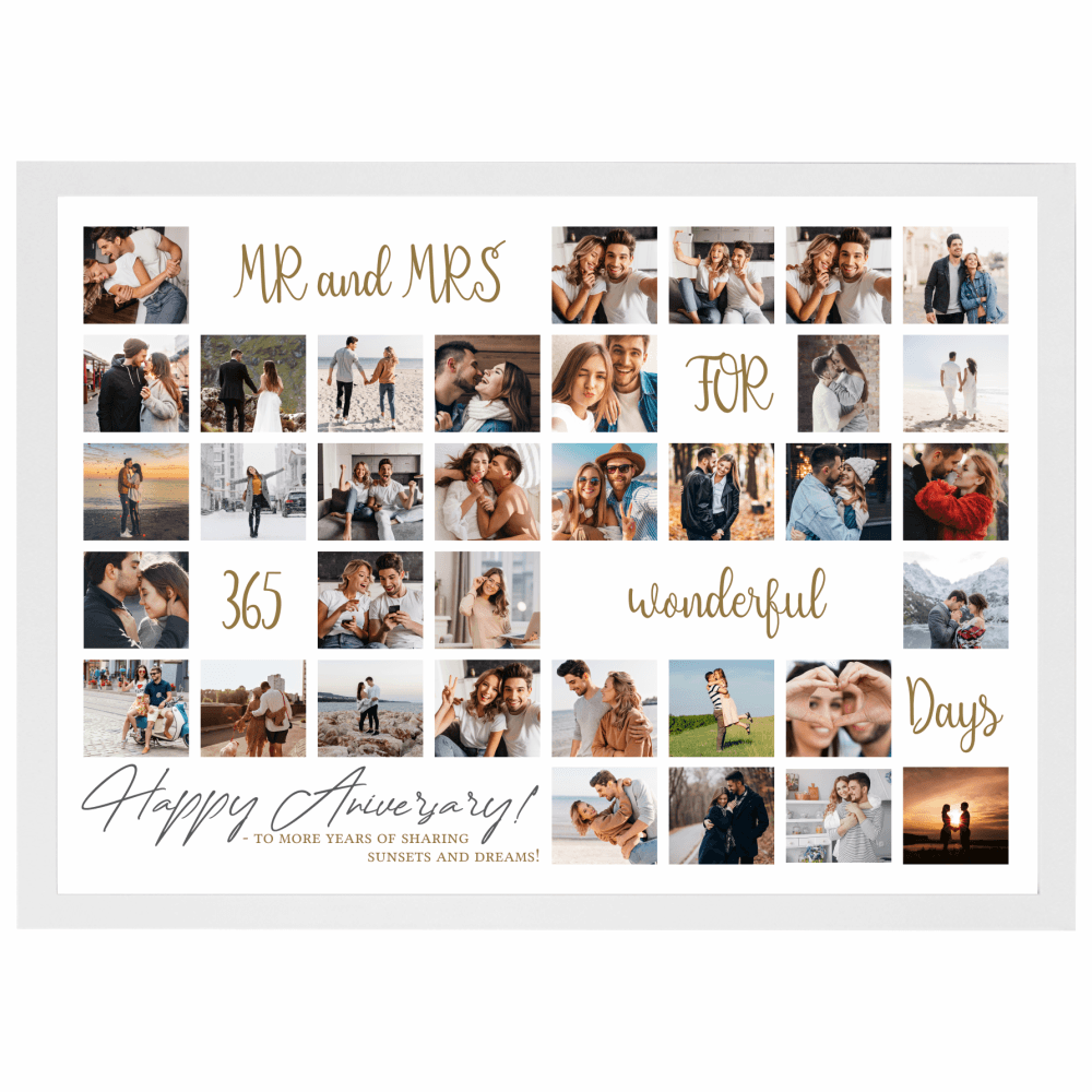 Tablou personalizat cu 35 Poze de dragoste, 365 zile, cadou de nunta sau aniversare, din lemn natural, Priti Global, Alb, A3, 30 x 42 cm