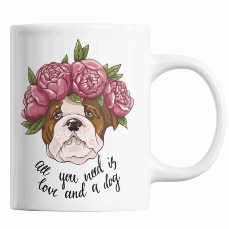 Cana cadou pentru iubitorii de animale, Priti Global, catel si flori, pentru ziua indragostitilor, cu mesaj amuzant: All you need is love and a dog,