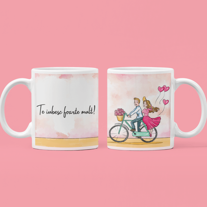 Cana personalizata cadou special pentru iubit de ziua indragostitilor, Priti Global, cuplu pe bicicleta cu mesaj de dragoste, 330 ml