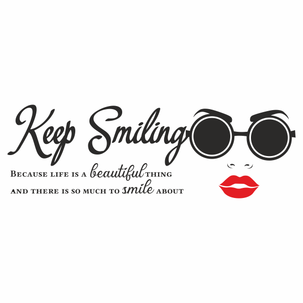 Sticker salon de infrumusetare, Priti Global, fata cu ochelari, buze rosii, Keep Smiling, negru-rosu, 119 x 38