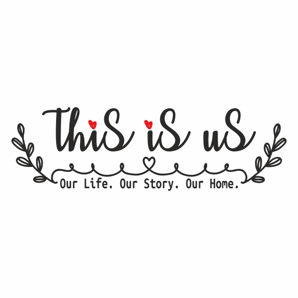 Sticker perete sufragerie sau dormitor, Priti Global, cu mesaj pentru familie, frunze si inimioare, This is us, negru-rosu, 119 x 36