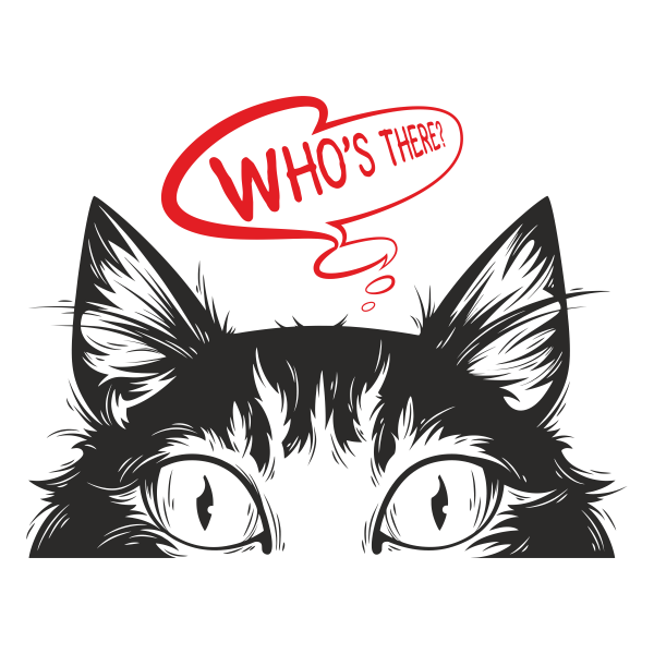 Sticker perete dormitor, pisica cu ochii mari, cu textul "cine este acolo?", negru-rosu, 57 x 74